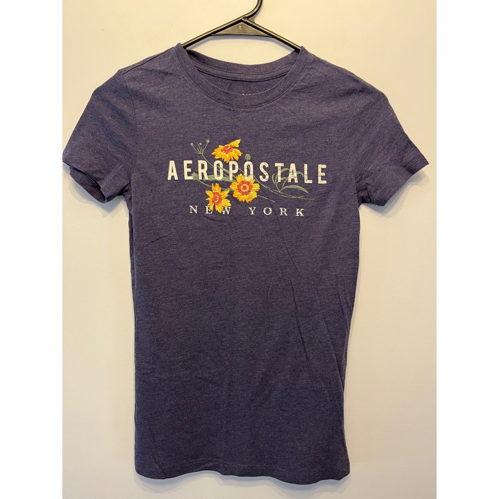 Y2K Vintage Aeropostale Sunflower Graphic T-Shirt Navy Blue Classic Crew Small